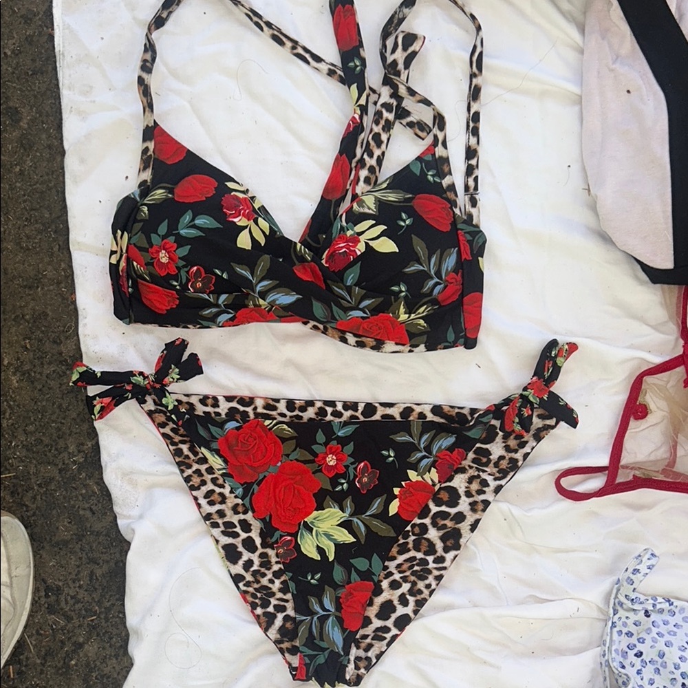 Floral and Leopard Print Bikini Set